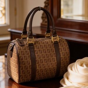 Fendi Brown Zucchino Coated Canvas Small Forever Bauletto Boston Bag